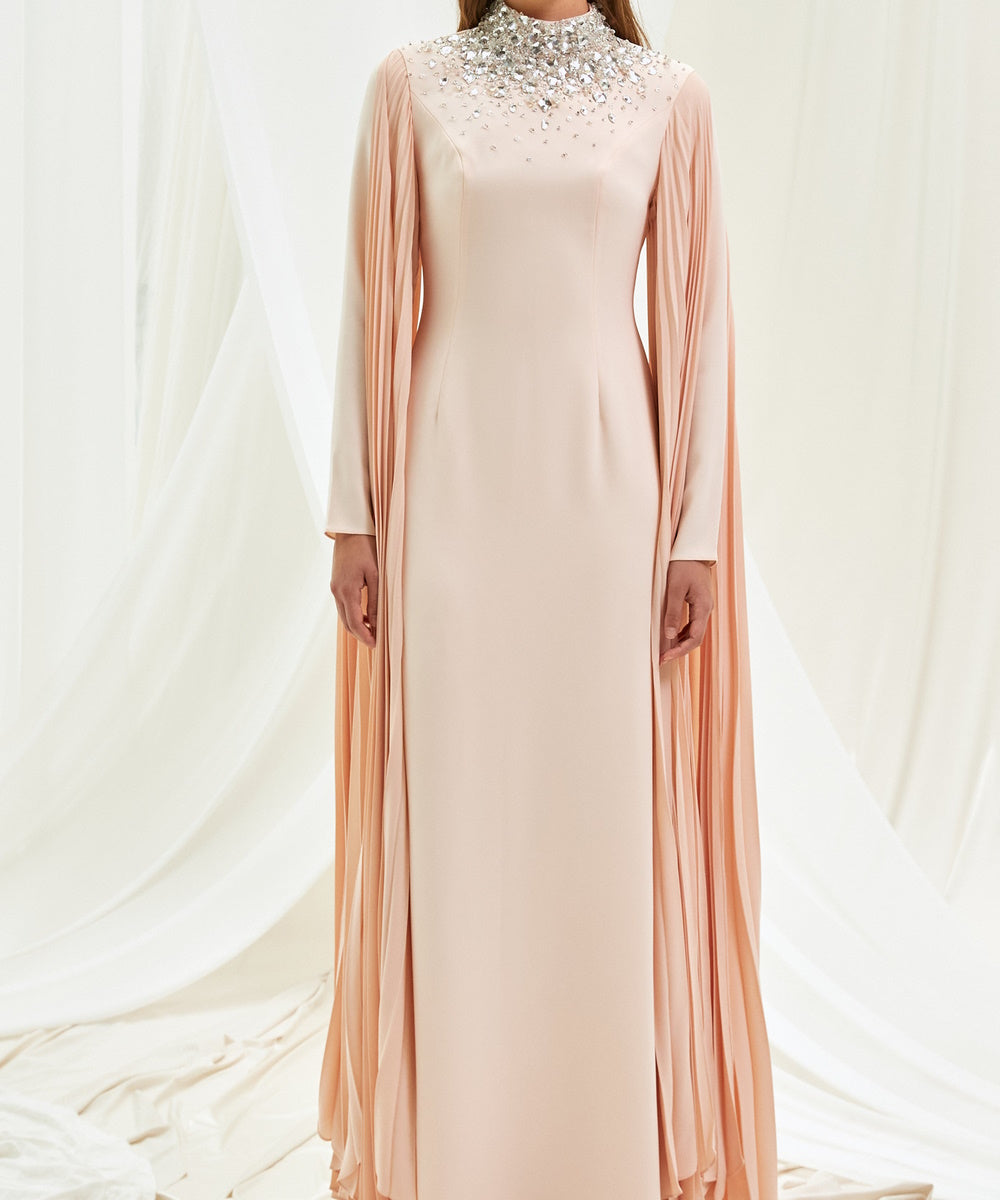 Blush Pink Crystal Beaded High Neck Pleated Cape Sleeve Formal Maxi Gown