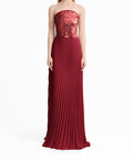 Burgundy Strapless Sequin Bodice Pleated Maxi Evening Gown