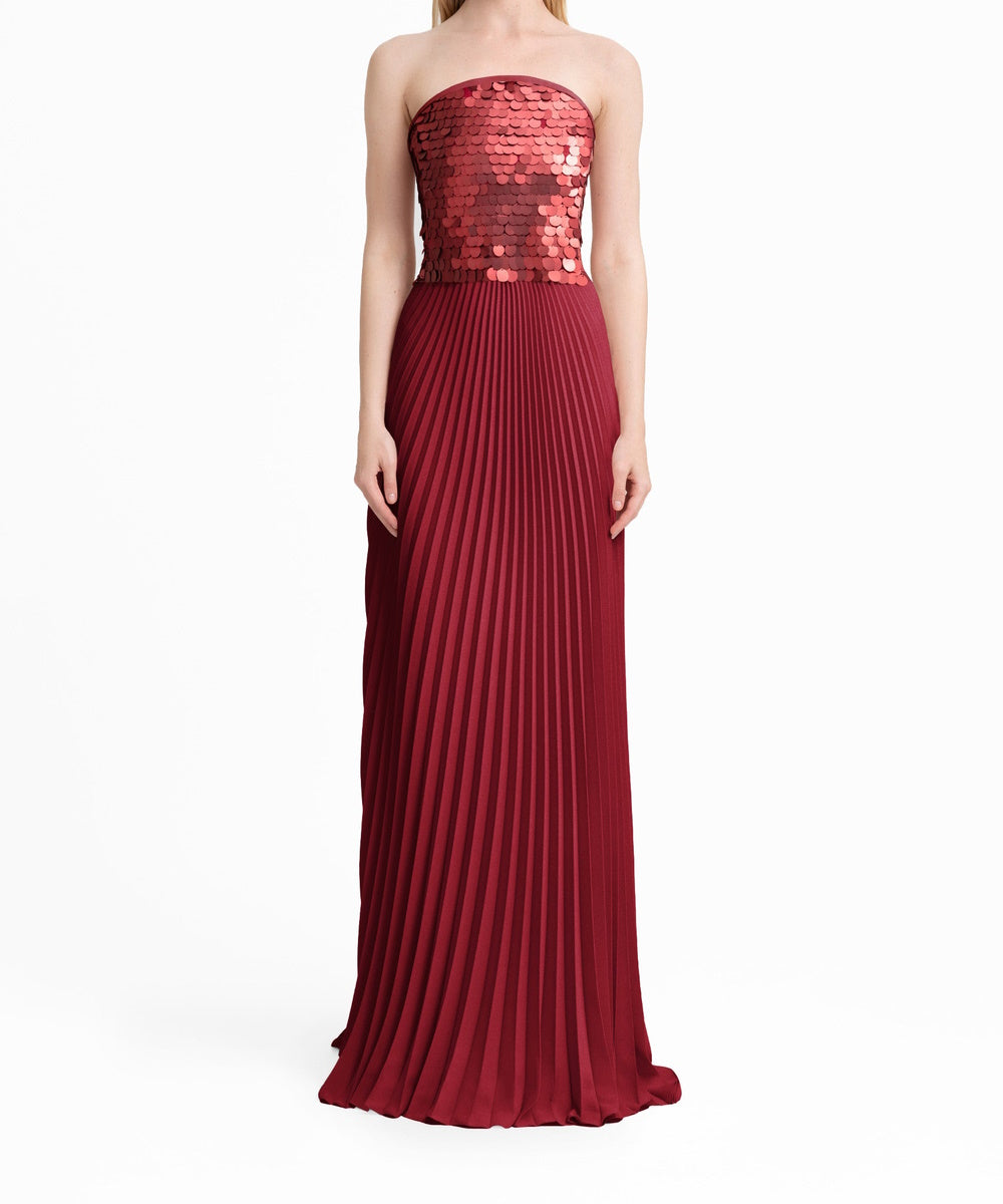 Burgundy Strapless Sequin Bodice Pleated Maxi Evening Gown