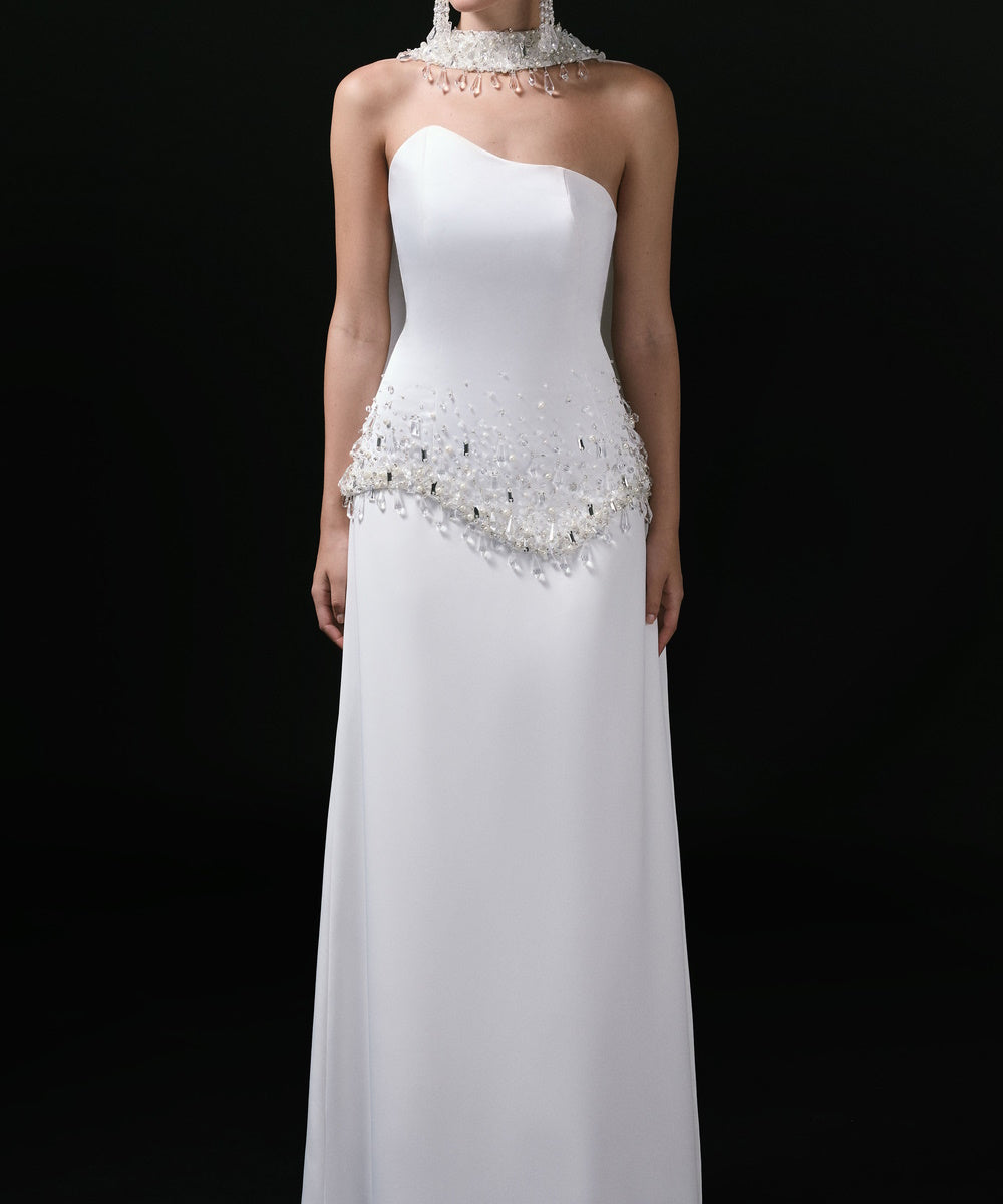 White Strapless Asymmetric Neckline Beaded Waist Formal Maxi Gown