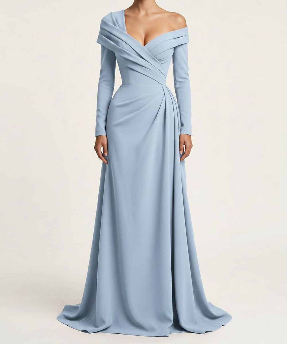 Dusty Blue Off Shoulder Cross Draped Long Sleeve Mermaid Evening Gown