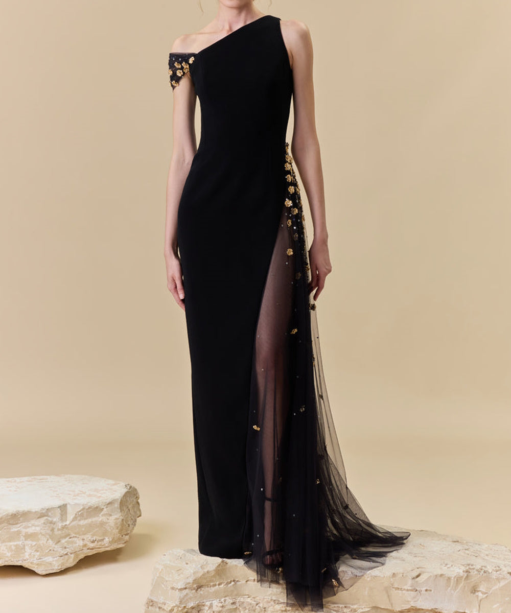 Asymmetrical One Shoulder Black Gown With Gold Floral Tulle Slit