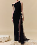 Asymmetrical One Shoulder Black Gown With Gold Floral Tulle Slit