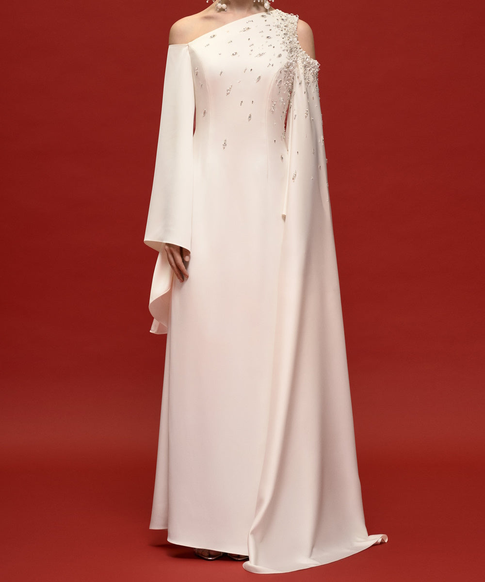 White Asymmetrical One Shoulder Beaded Cape Sleeve Floor Length Formal Evening Gown