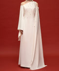 White Asymmetrical One Shoulder Beaded Cape Sleeve Floor Length Formal Evening Gown