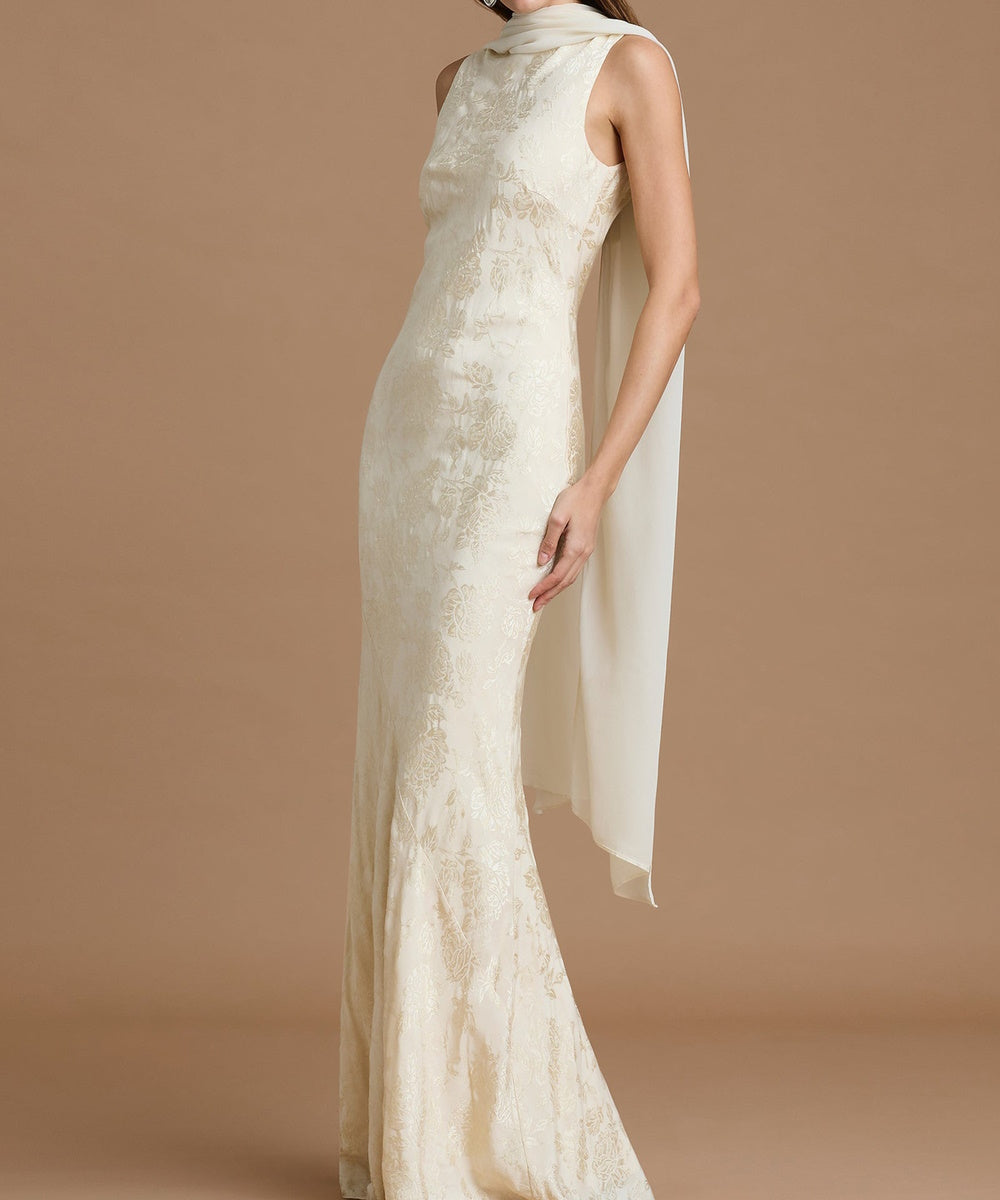 Cream Sleeveless Floral Jacquard Mermaid Maxi Evening Dress with Chiffon Neck Sash