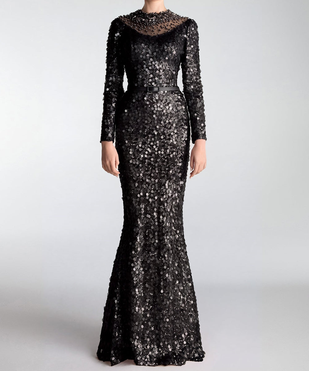Black Long Sleeve Beaded Sequin Mermaid Evening Gown
