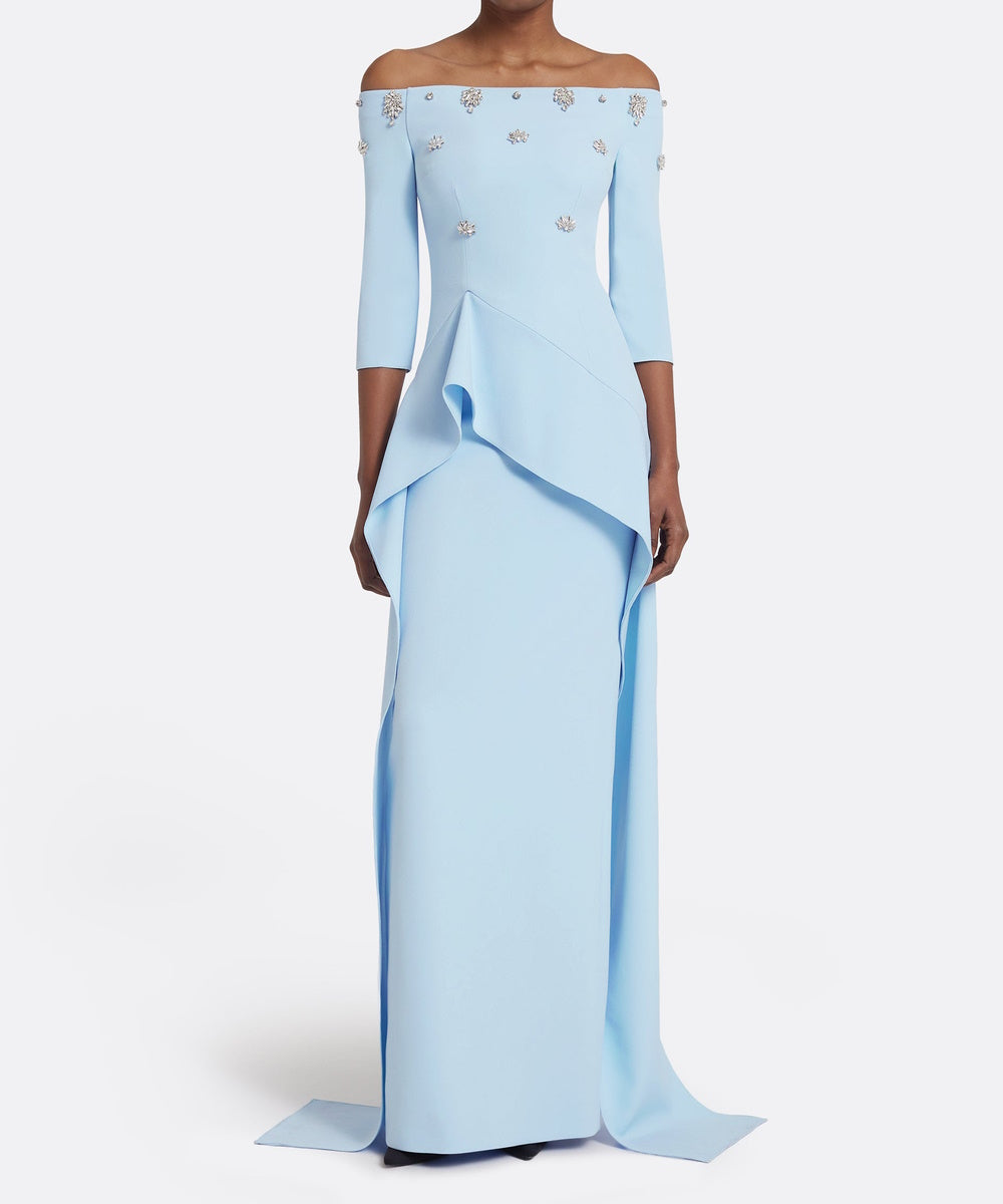 Light Blue Off‑The‑Shoulder Embellished Crepe Gown With Draped Ruffle Panel Train