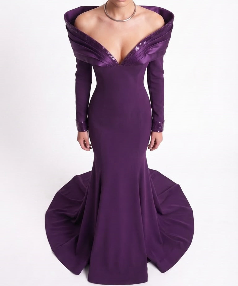 Purple Off Shoulder Long Sleeve Sequin Mermaid Formal Evening Gown