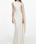 Ivory Satin High Neck Mermaid Gown with Fringe Cape Sleeve
