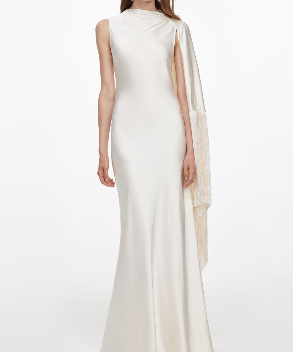 Ivory Satin High Neck Mermaid Gown with Fringe Cape Sleeve