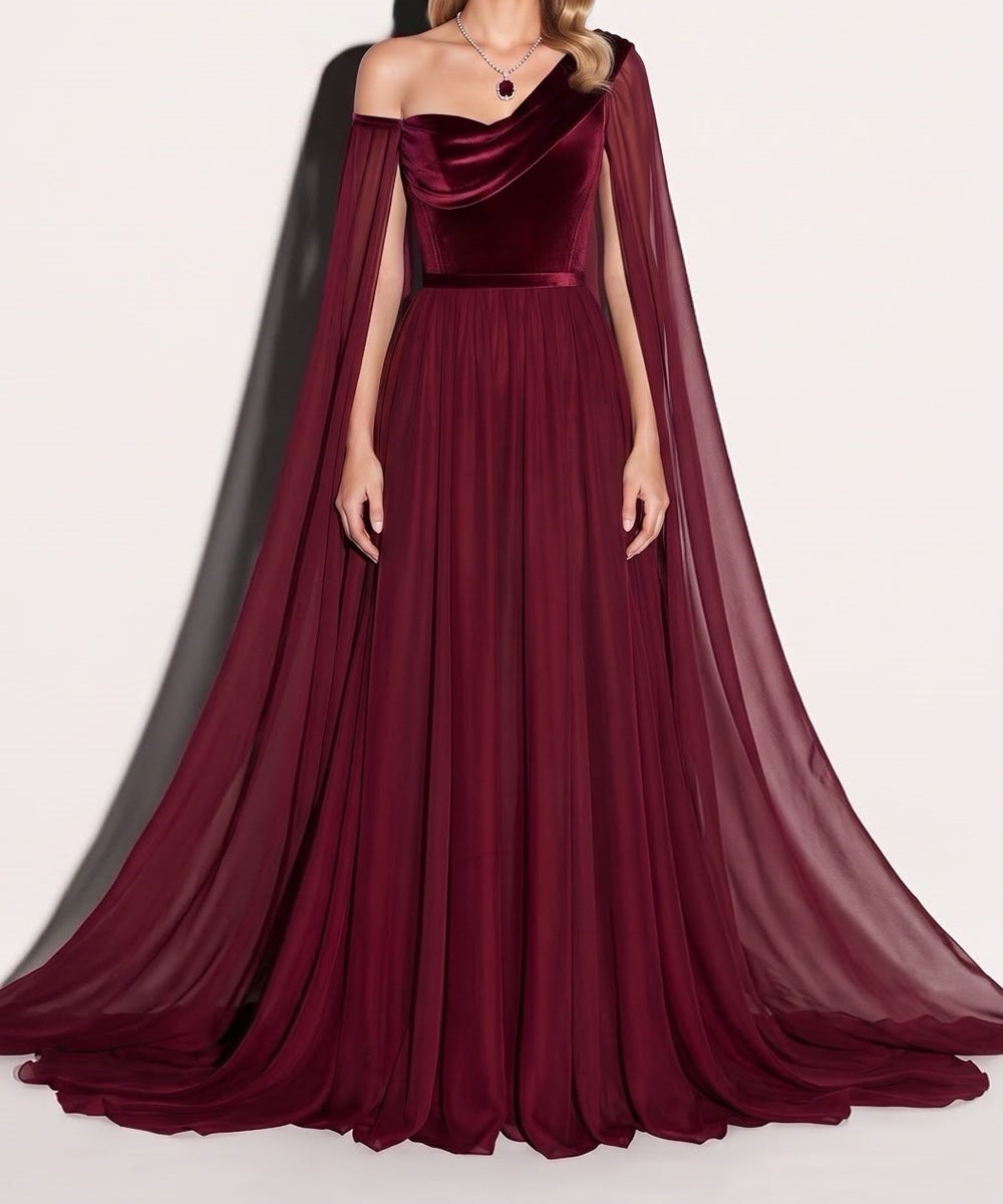 Burgundy Velvet Cowl Neck Chiffon Cape Sleeve A-Line Evening Gown