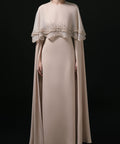 Champagne Beaded Ruffled Cape Overlay Modest Formal Maxi Evening Gown