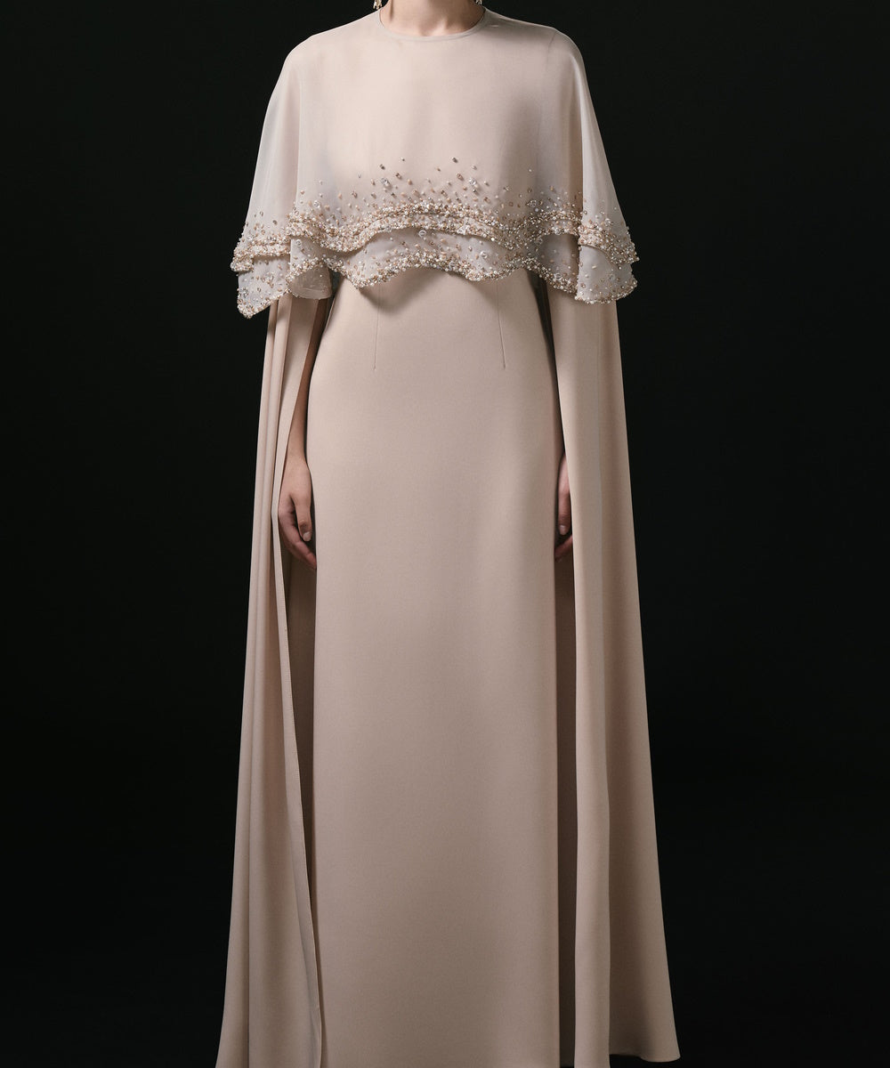 Champagne Beaded Ruffled Cape Overlay Modest Formal Maxi Evening Gown