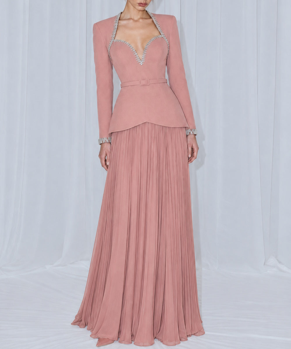 Dusty Pink Heart Neck Two-Piece Suit Style Evening Gown with Crystal Embellishments