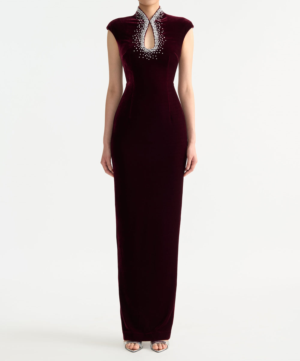 Burgundy Velvet Qipao Style Column Gown With Rhinestone Beaded Collar
