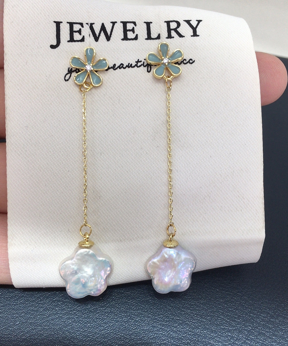 Light Blue Enamel Flower Long Chain Baroque Petal Pearl Drop Earrings