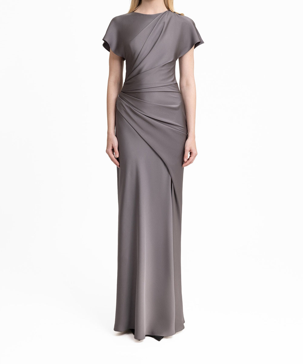 Grey Satin Cap‑Sleeve Draped Mermaid Formal Maxi Evening Gown