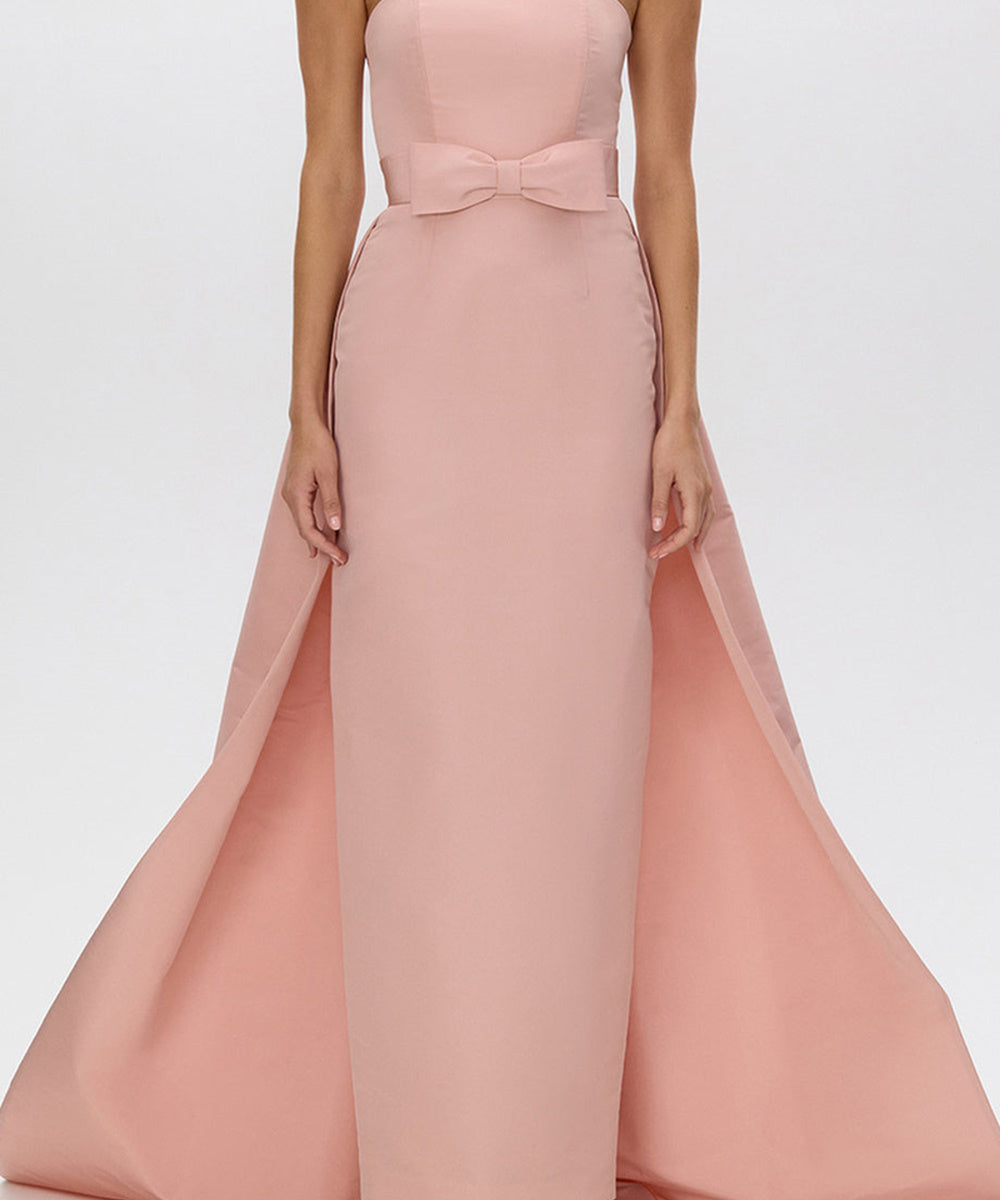 Blush Strapless Column Gown With Bow Sash And Overskirt Train