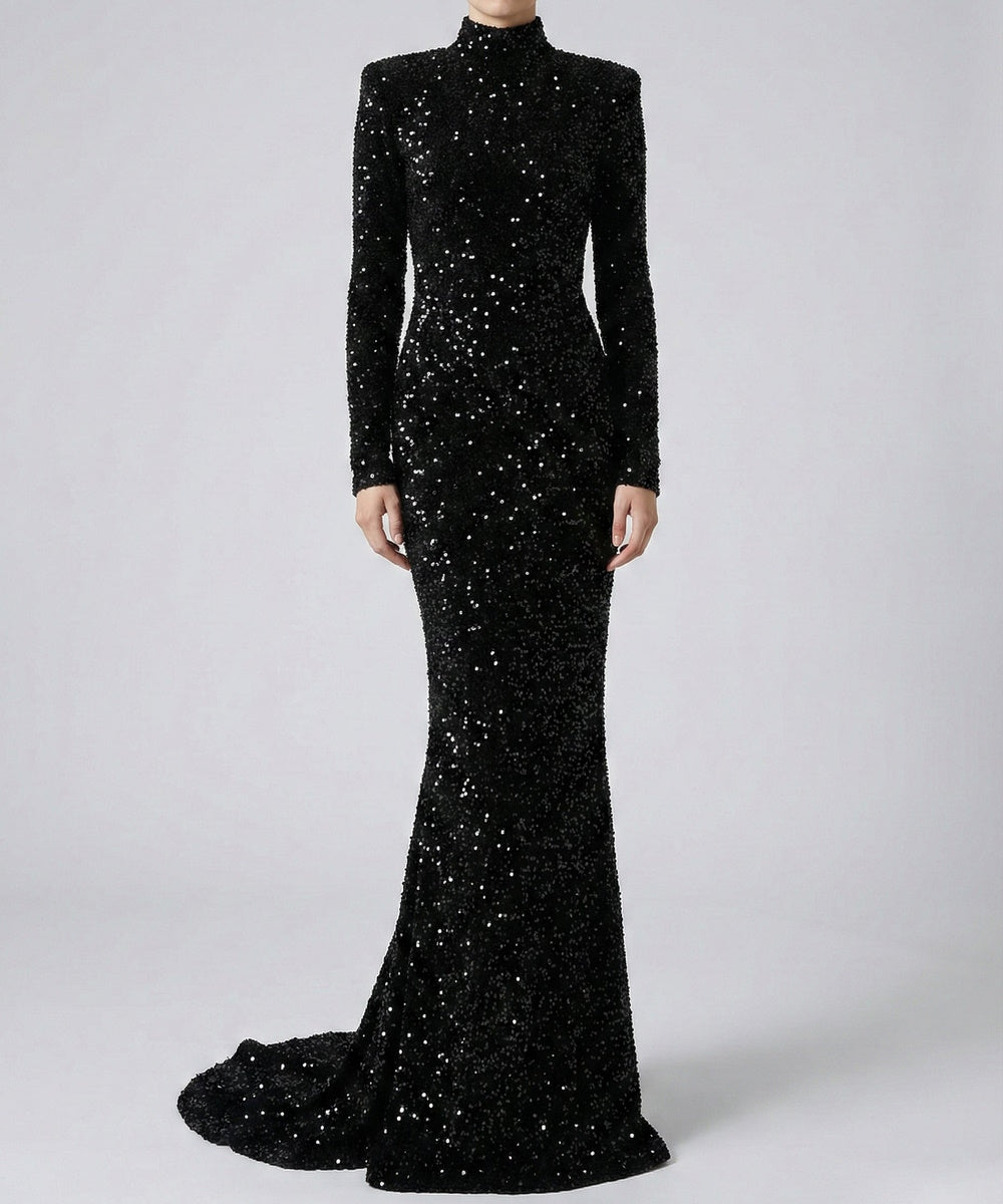 Black Sequin High Neck Long Sleeve Mermaid Evening Gown With Train