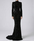 Black Sequin High Neck Long Sleeve Mermaid Evening Gown With Train
