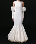 Modern Satin Mermaid Wedding Dress With Detachable Pearl Beaded Puff Sleeves