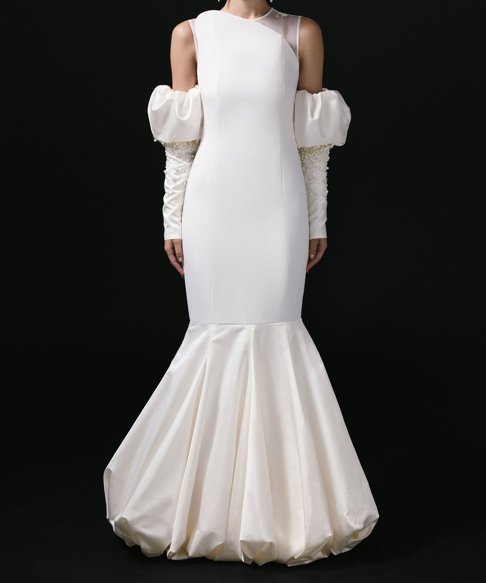 Modern Satin Mermaid Wedding Dress With Detachable Pearl Beaded Puff Sleeves