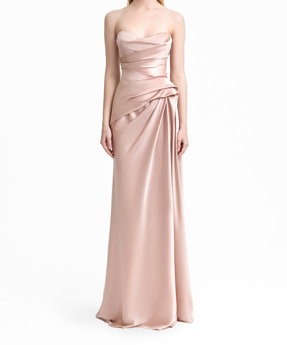 Dusty Pink Strapless Draped Satin Mermaid Evening Maxi Gown