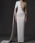 White Two Tone High Neck Gold Sequin Asymmetric Cape Sleeve Column Maxi Evening Gown