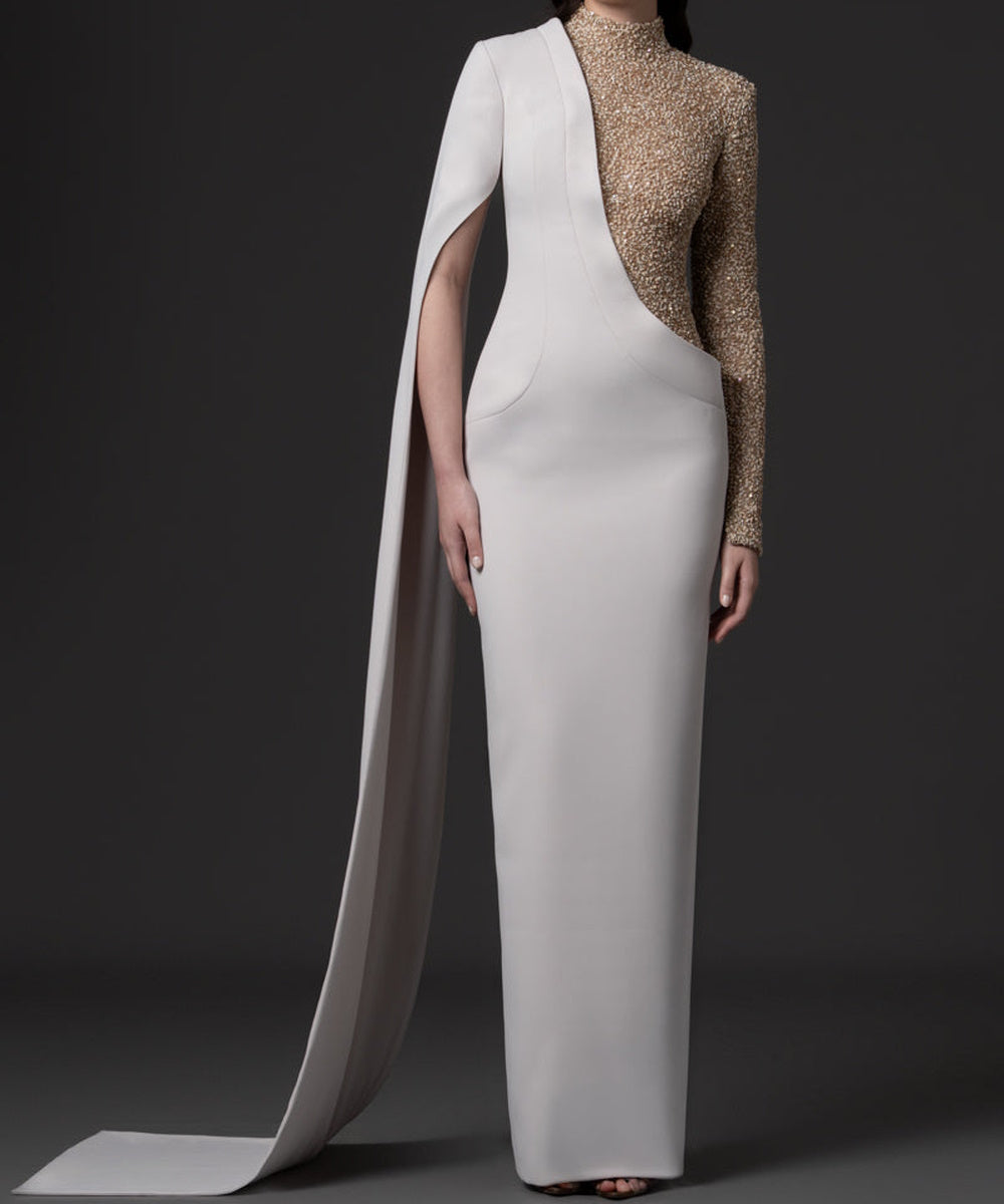 White Two Tone High Neck Gold Sequin Asymmetric Cape Sleeve Column Maxi Evening Gown