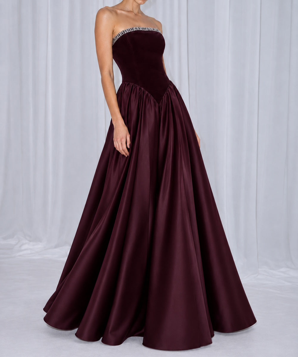 Burgundy Strapless Velvet & Satin Ball Gown with Rhinestone Trim