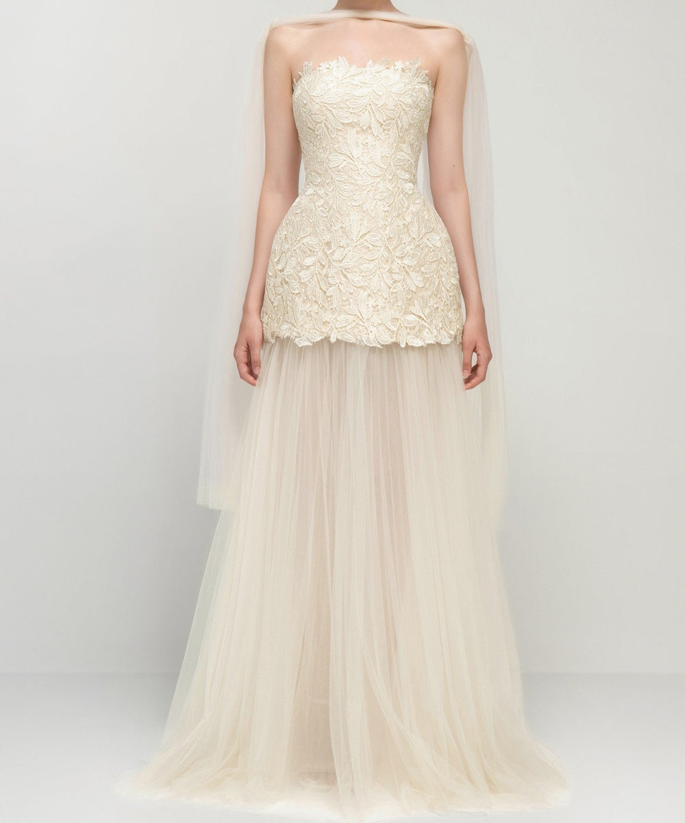 Strapless Leaf Lace Bodice Flowy Tulle Wedding Dress with Draped Shoulder Tulle Cape