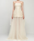 Strapless Leaf Lace Bodice Flowy Tulle Wedding Dress with Draped Shoulder Tulle Cape