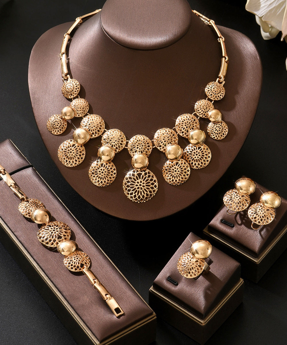 Vintage Gold Hollow Floral Disc Statement Jewelry Set 4 Pieces