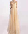 Champagne Sheer Neck Beaded Tulle A-Line Evening Gown