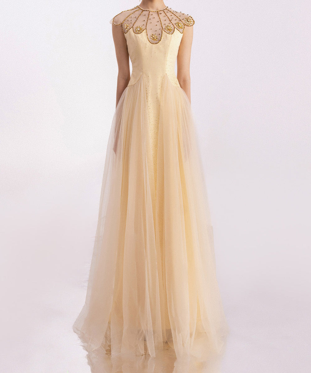 Champagne Sheer Neck Beaded Tulle A-Line Evening Gown