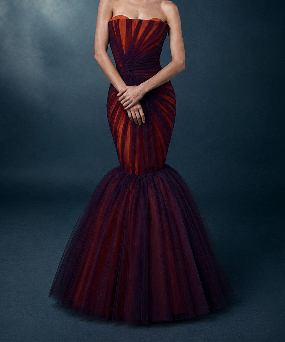 Strapless Pleated Tulle Mermaid Evening Gown In Purple And Burnt Orange
