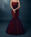 Strapless Pleated Tulle Mermaid Evening Gown In Purple And Burnt Orange