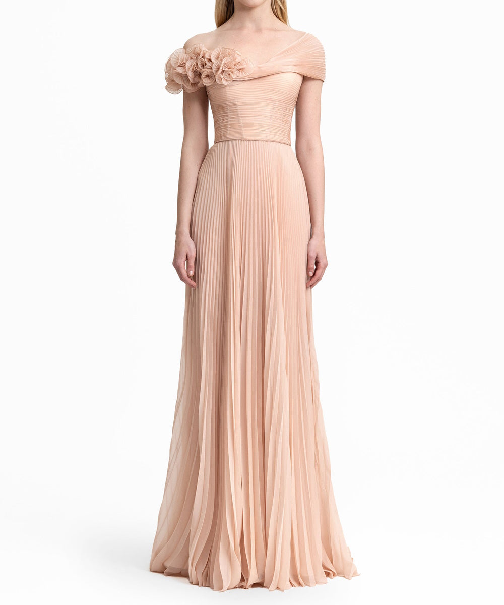 Blush Pink Asymmetric Off Shoulder 3D Floral Pleated Chiffon Maxi Evening Gown