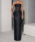 Black Strapless Sheer Corset Satin Maxi Gown With Draped Bow Detail
