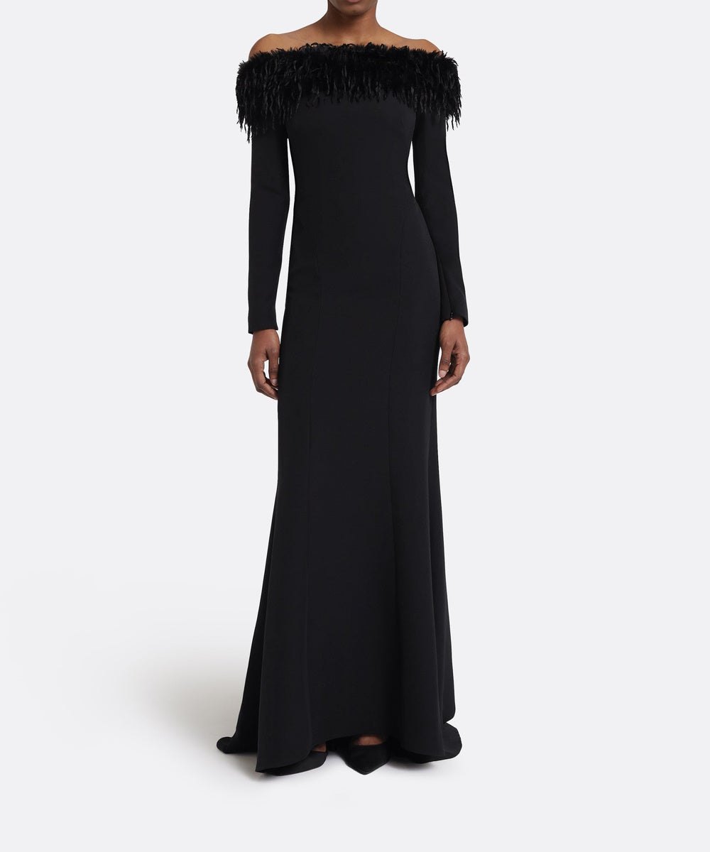 Black Off The Shoulder Feather Trim Long Sleeve Mermaid Evening Gown