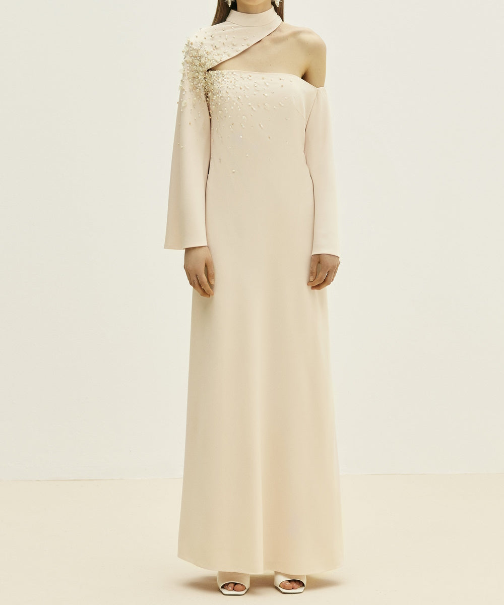 Asymmetric One-Shoulder Beaded Long Sleeve Straight Floor-Length Evening Dress