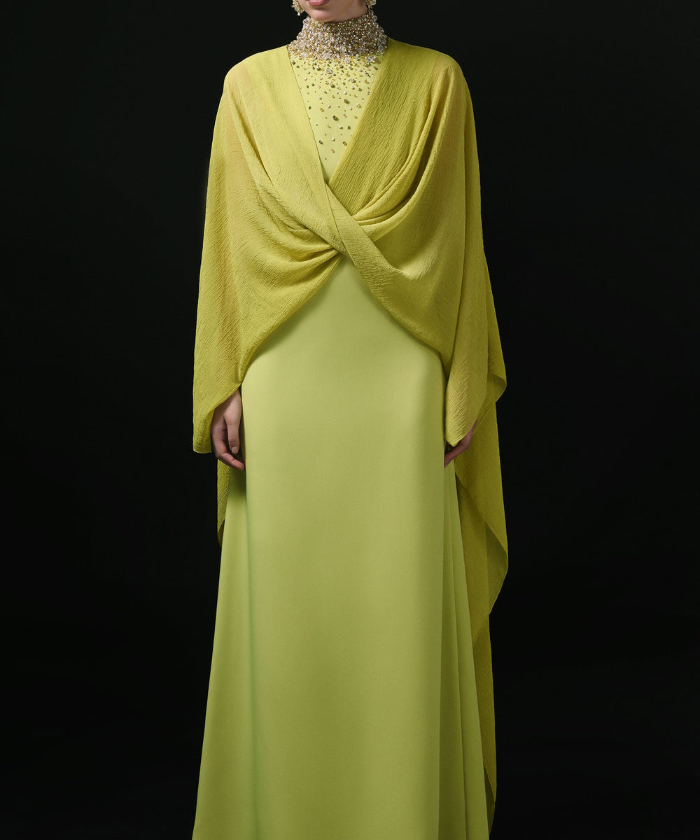 Lime Green Beaded High Neck Cape Overlay Formal Maxi Evening Gown