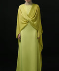 Lime Green Beaded High Neck Cape Overlay Formal Maxi Evening Gown