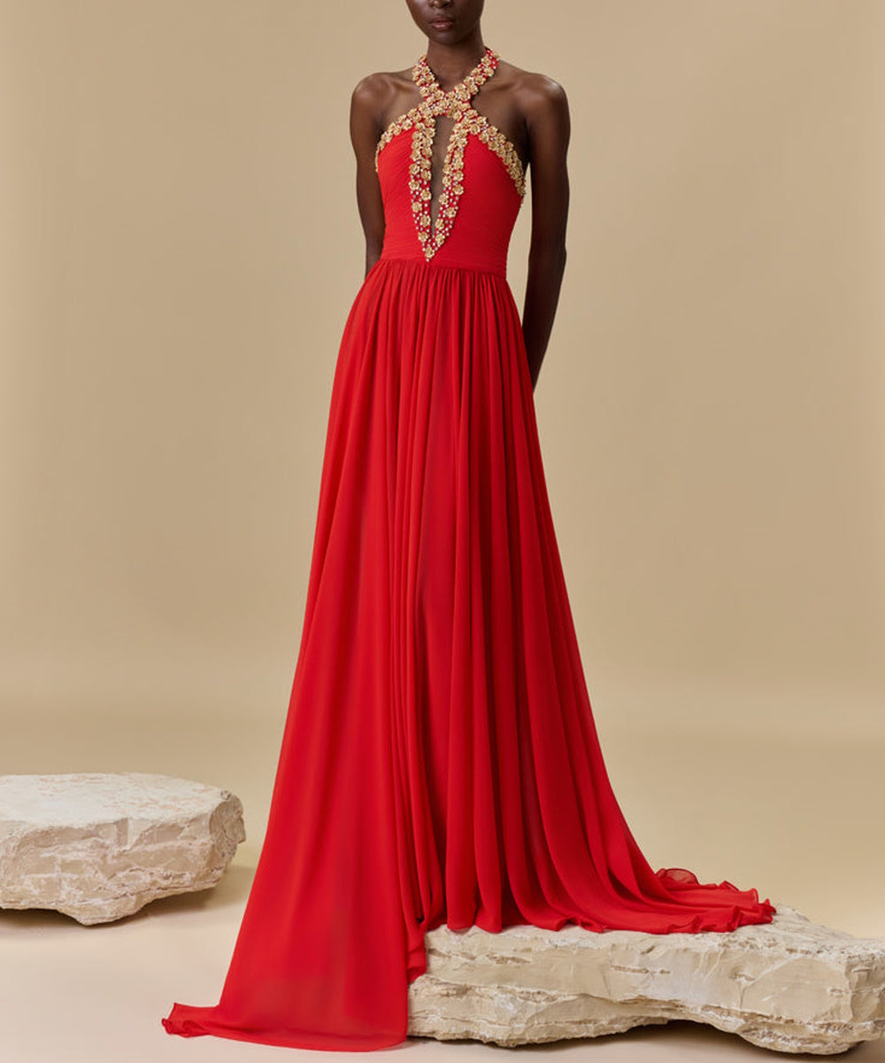 Halter Neck Red Chiffon Evening Dress With Gold Beaded Appliqués