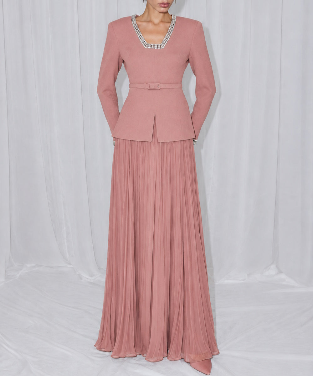 Dusty Pink Two-Piece Suit Style Evening Gown with Crystal Details