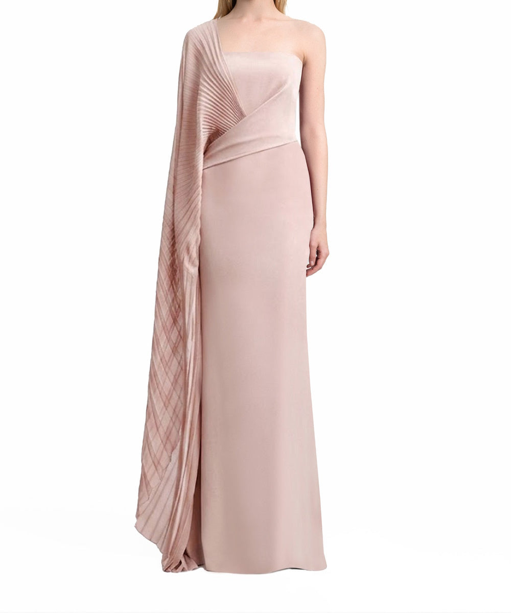 Dusty Pink Strapless Mermaid Maxi Gown with Pleated Chiffon Cape Sleeve