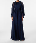 Navy Chiffon Cape Sleeve Beaded Neck Floor Length Formal Evening Gown