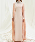 Blush Rhinestone High Neck Pleated Cape Sleeve Slim Floor-Length Evening Dress