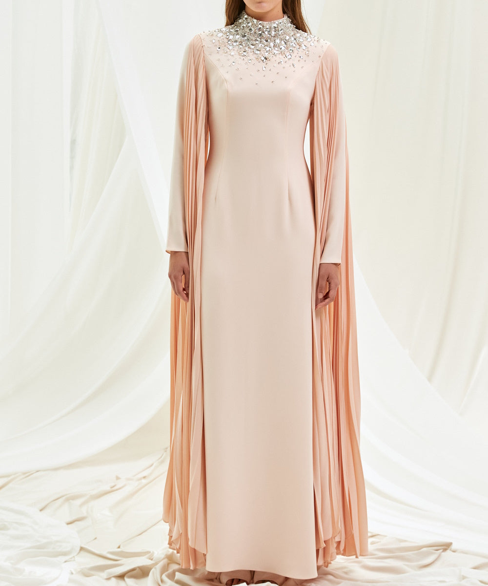 Blush Rhinestone High Neck Pleated Cape Sleeve Slim Floor-Length Evening Dress